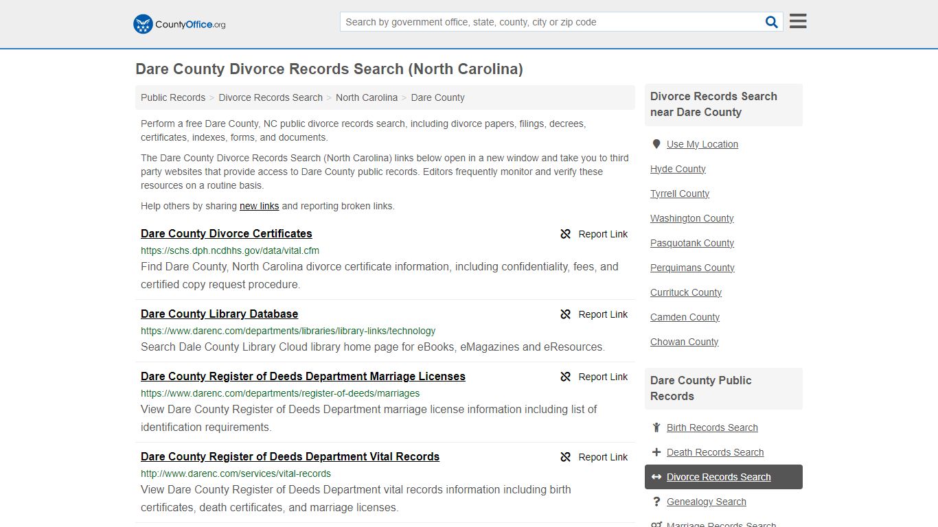 Dare County Divorce Records Search (North Carolina) - County Office